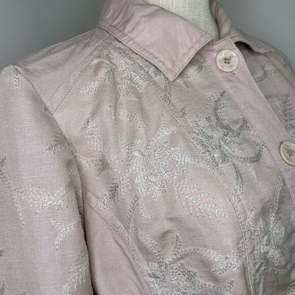 Chico's Linen Pearlized Embroidered Pink Blush Full Button Jacket Size 1 - Picture 6 of 11